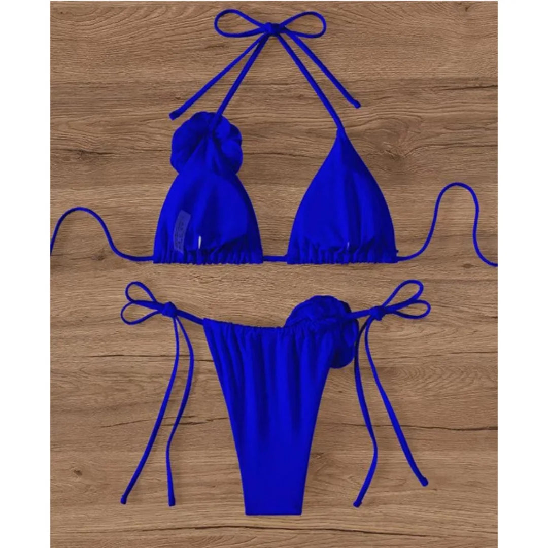 3D Flowers Halter Bikini Set in Blue, Black, Beige, and Red, Two Piece Swimwear Made From Nylon and Spandex, Available in Sizes S to XL, Fits True to Size, Features Wire Free Support, Low Waist, and Includes Pad, Perfect for Women aged 18-35 and Adults, In Stock with Free Shipping