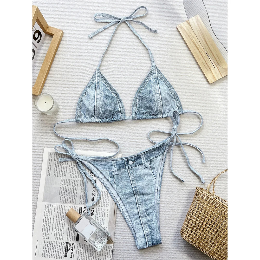 Denim-printed halter strappy bikini set, high-cut design, polyester spandex blend, wire-free support, low waist, women's two-piece swimwear, trendy and unique style.