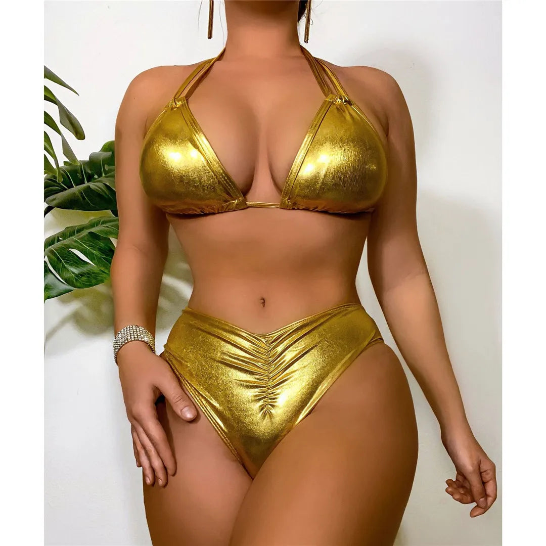 Halter PU Kunstleder Mid Waist Bikini Set für Frauen, Solid Gold Zweiteilige Badeanzug, Wire Free mit Pad, Passt genau auf Größe, Erhältlich in Größe S bis L, Perfekt für die Sommersaison