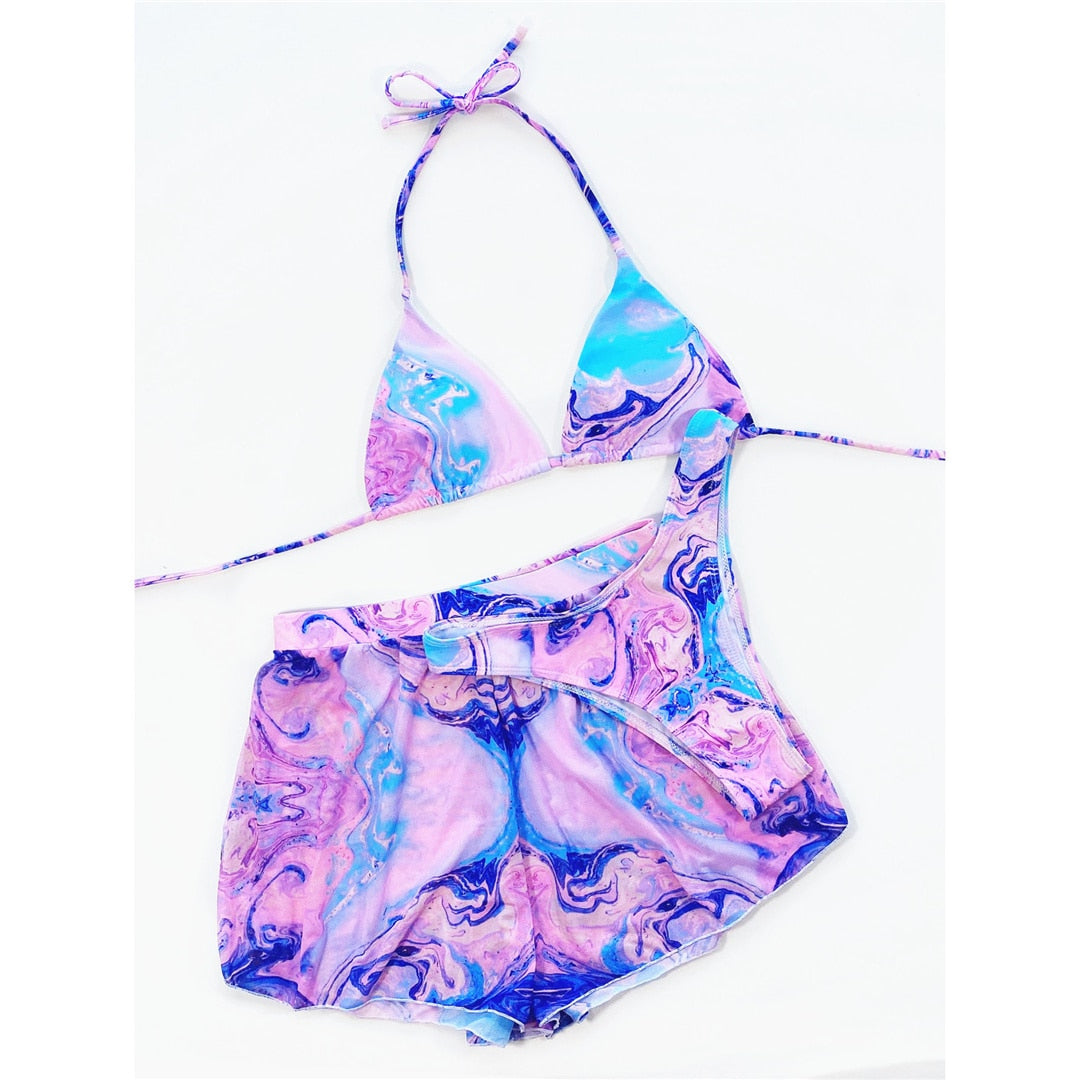 3 PCS Tie Dye Halter Bikini Female Swimsuit Women Swimwear Three-pieces Bikini set With Shorts Bather Bathing Suit Swim