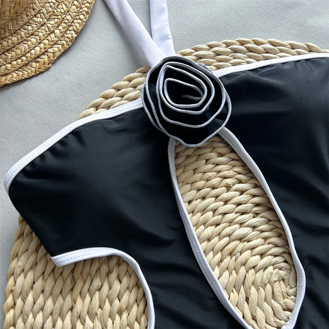 3D flower halter cut-out one-piece swimsuit, high-leg design with triangle top, adjustable straps, polyester spandex blend, monochrome solid pattern, women's chic swimwear.