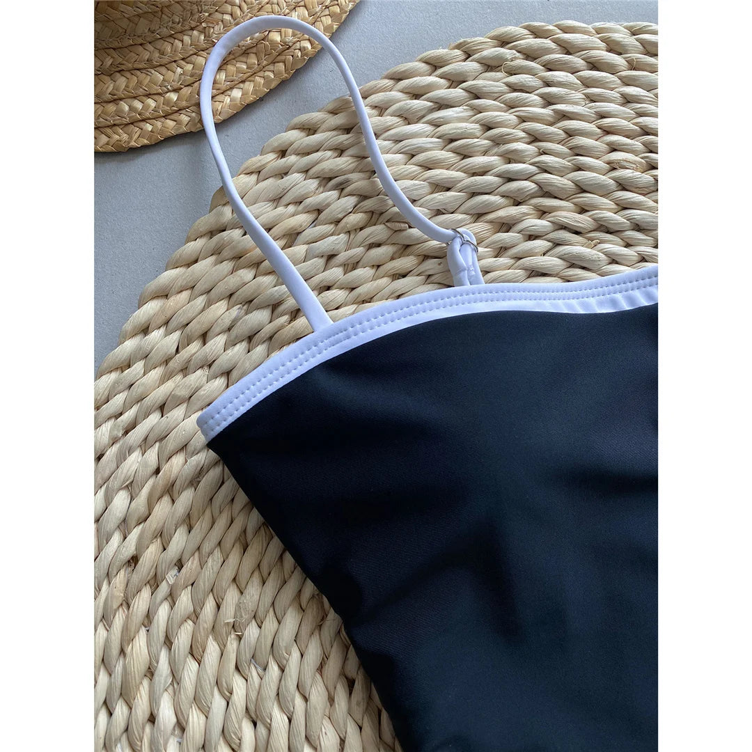 Splicing High Leg Cut One Piece Swimsuit in Beige and Black, Made of Nylon and Spandex, Designed for Women aged 18-35 and Adults, Fits True to Size, Available in Stock with Free Shipping