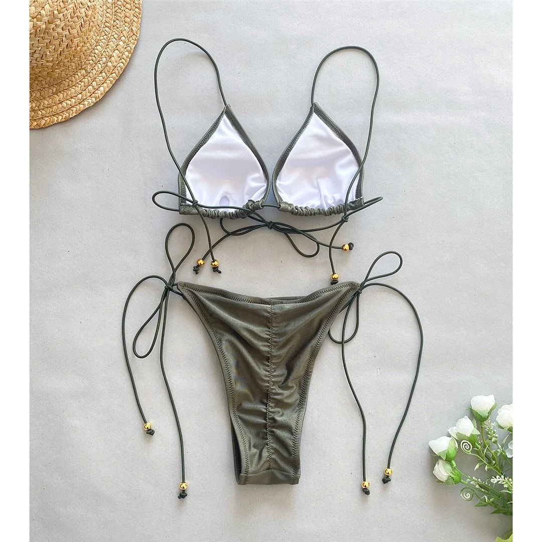 Strappy High Leg Cut Bikini in Army Green with Scrunch Butt Detail, Two Piece Swimwear Set, Made from Nylon and Spandex. Solid Pattern and True to Size. Sizes Available: S, M, L. Suited for Women aged 18-35 and Adults in general. Features Wire Free Support and Padding