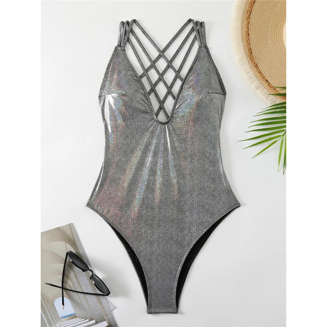 Glittering V-neck cross back one-piece swimsuit, high-cut monokini design, adjustable triangle top, shimmering polyester spandex blend, monochrome solid pattern, women's elegant swimwear.