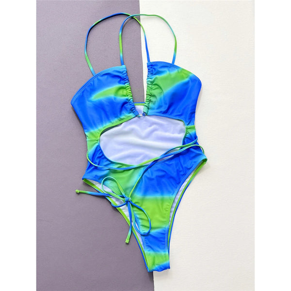 Tie Dye Halter Wrap Around One Piece - Bold Cut Out Monokini - CUVATI