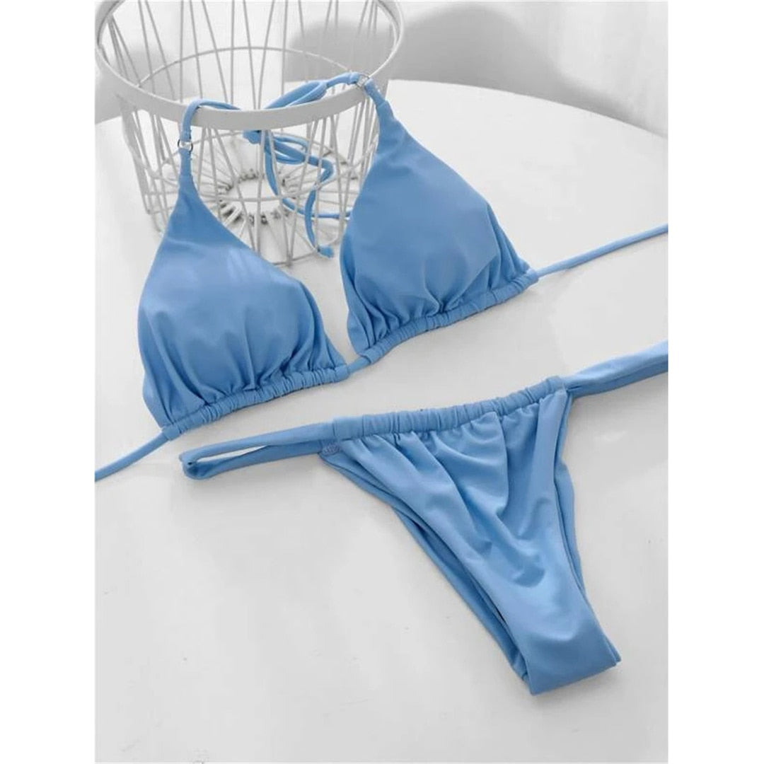 Women's French Cut String Tie Bikini - Blue
