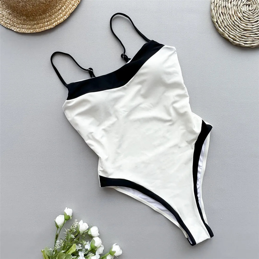 Splicing Solid Monokini, One Piece Swimsuit, High Leg Cut, Triangle Style, Polyester, Spandex, Adjustable Straps, Monochrome, Patchwork Design, Women's Swimwear, Chic Modern Look, Beige.