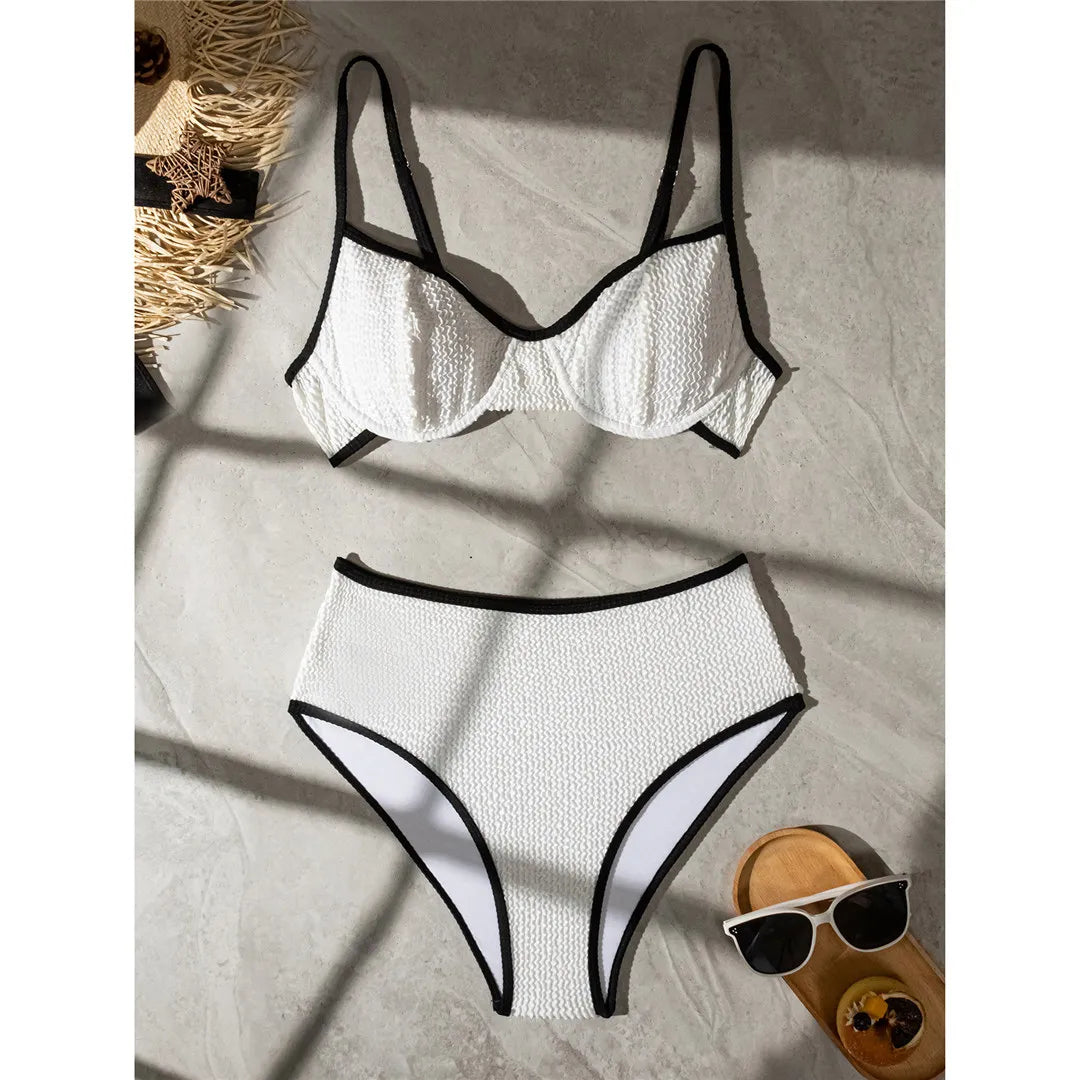 Alluring Wrinkled Crinkled Underwired High Waist Bikini Set in White, Made of Nylon and Spandex, Offers Perfect Fit for Women, True to Size, Available in Sizes S, M, L, In Stock with Free Shipping, Ideal for Women Aged 18-35 and Adult Females