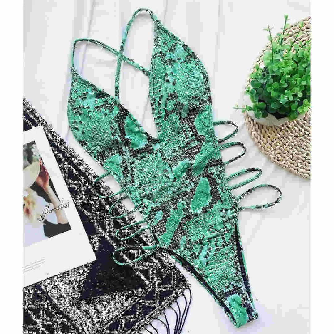 2024 Snake Skin Monokini Daring High Cut One Piece Swimsuit CUVATI