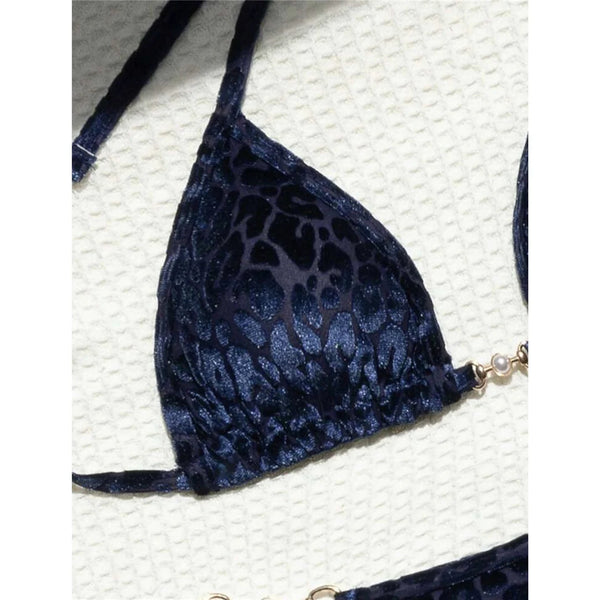 Leopard Print Pearl-Adorned Mini Micro Thong Bikini Set - CUVATI