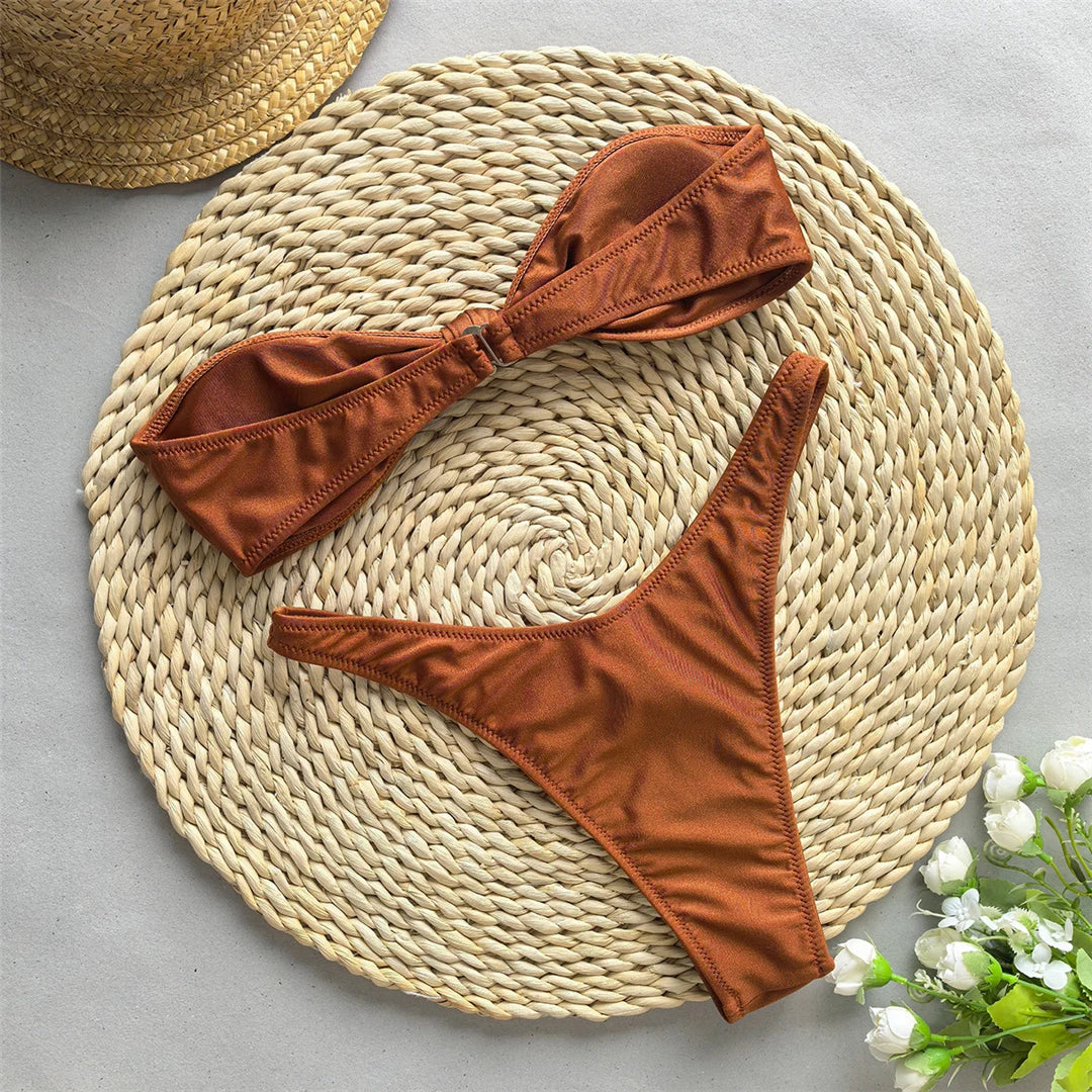 Bandeau Knotted Brazilian Bikini, Two Piece Swimsuit, High Cut Design, Polyester, Spandex, Solid Color, Wire Free, Low Waist, Women's Swimwear, Chic Stylish Look, Shiny Brown, Brown, Shiny Black, Black, Shiny White, White, Multicolor.