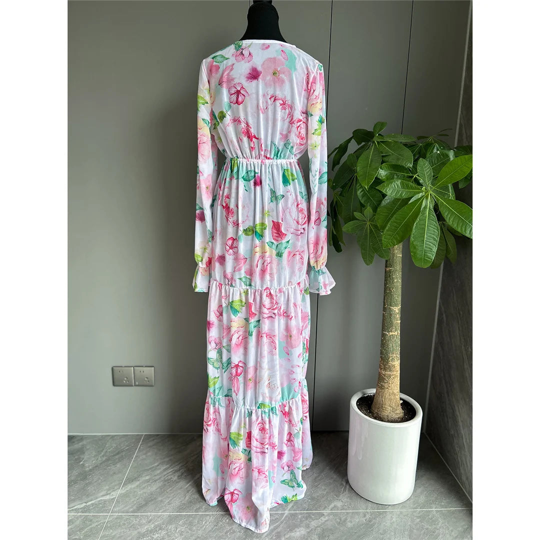 Flowers Printed Long Sleeve Tunic Beach Cover Up with floral pattern and chic belt detail, Polyester material, combines style and comfort, offers elegance and sun protection for women.