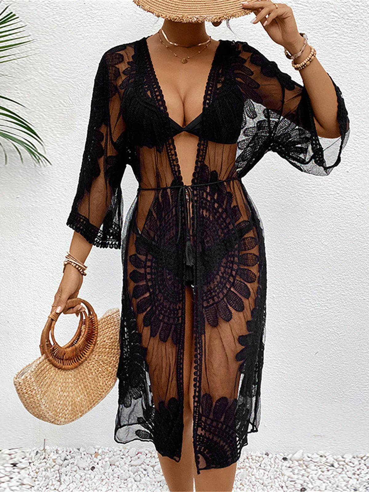 Embroidery Half Sleeve Chiffon Cardigan Tunic - Elegant chiffon beach cover-up with intricate embroidery, ideal for summer wardrobe, nylon polyester cotton blend, solid pattern for poolside or shore strolls.