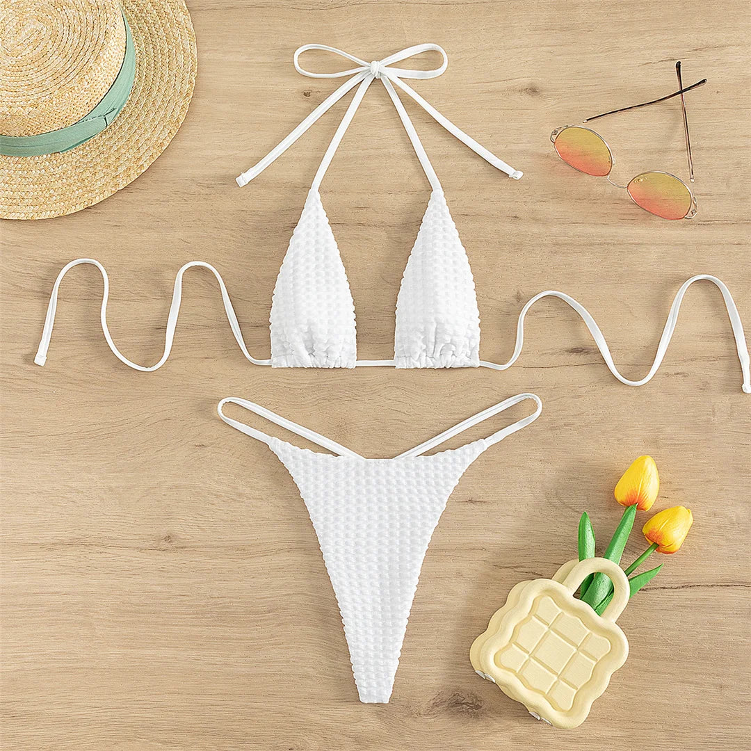 Triangulat Panel 2 Piece Mini Bikini Set, High Waist Mini Beach Thong, Mini  String Tie Halter Bra, Exposing Swimwear 