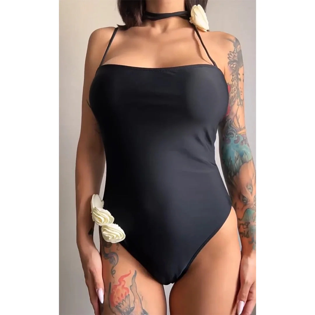 3D Flowers One Shoulder Swimsuit, One Piece, Triangle Style, Floral Design, Polyester, Spandex, Adjustable Strap, Monochrome, Women's Swimwear, High Leg Cut, Elegant, Feminine, Black.