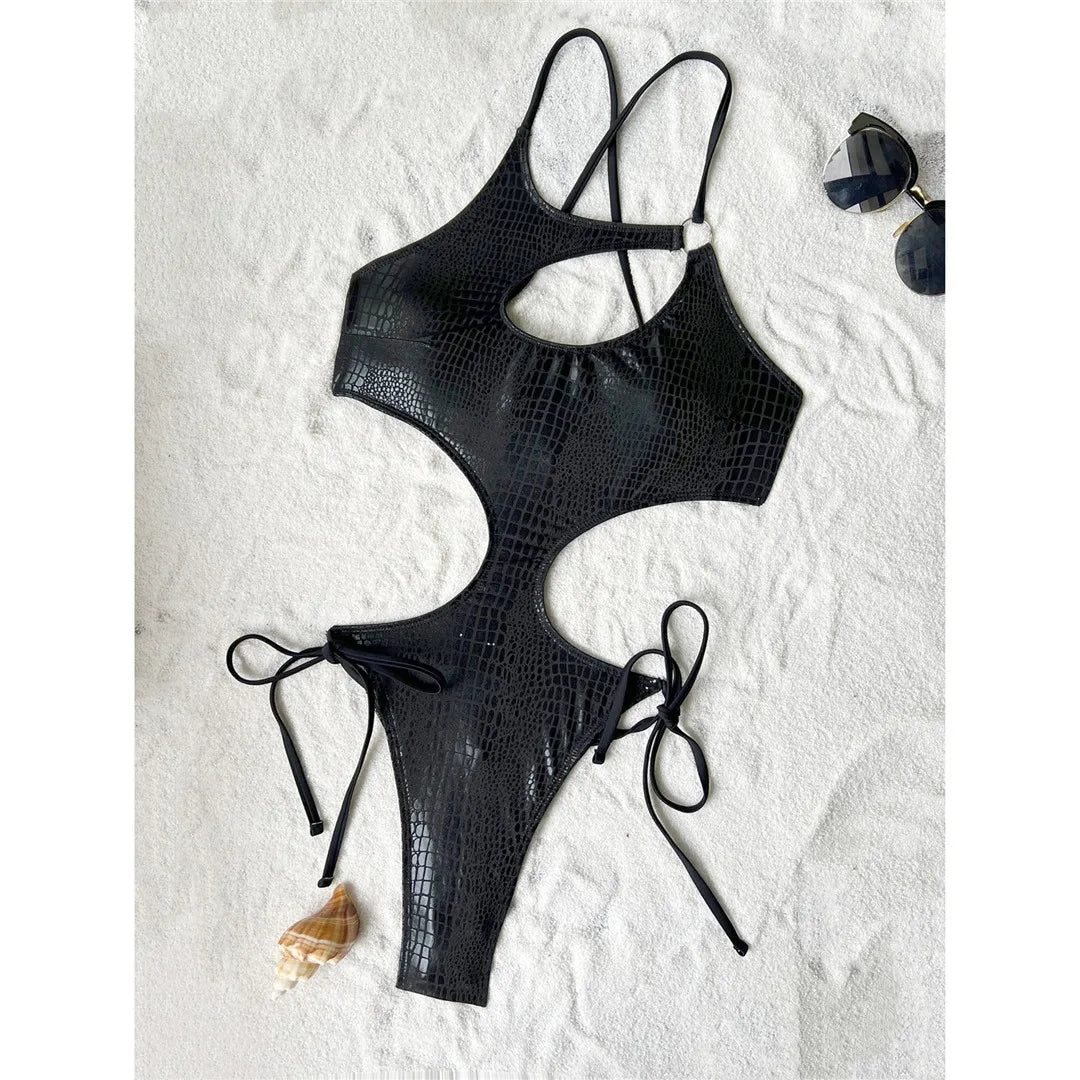 Asymmetric snake skin cut-out one-piece swimsuit, high-cut design, cross back, adjustable triangle top, polyester spandex blend, monochrome solid pattern, women's chic and daring swimwear.