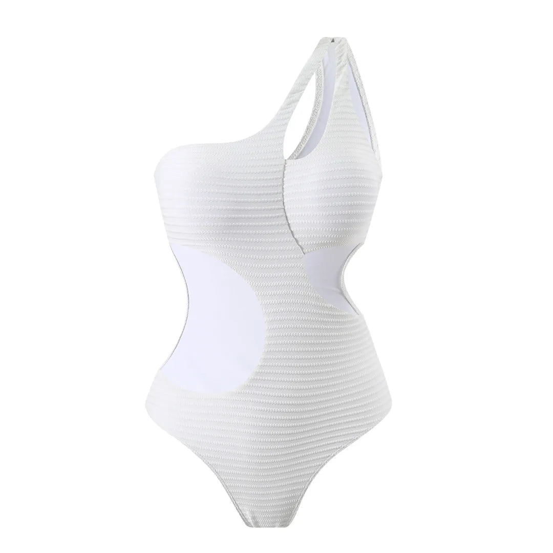 Embrace unique style with a cut out asymmetric one shoulder one piece swimsuit, offering elegance and boldness through its high leg cut design. Featuring strategic cut outs, a padded fit, and adjustable shoulder strap for maximum comfort and support. Made from polyester, spandex, and polyamide, this monochrome solid pattern is ideal for those making a fashion statement on the beach or poolside. Available in black and white.