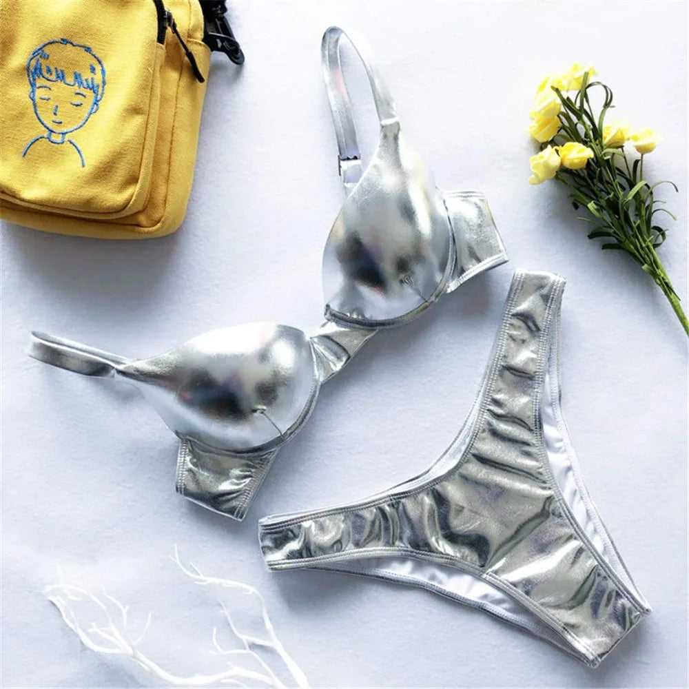 Revolutionary Shiny PU Faux Leather Bikini Set - Avant-Garde Swimwear -  CUVATI