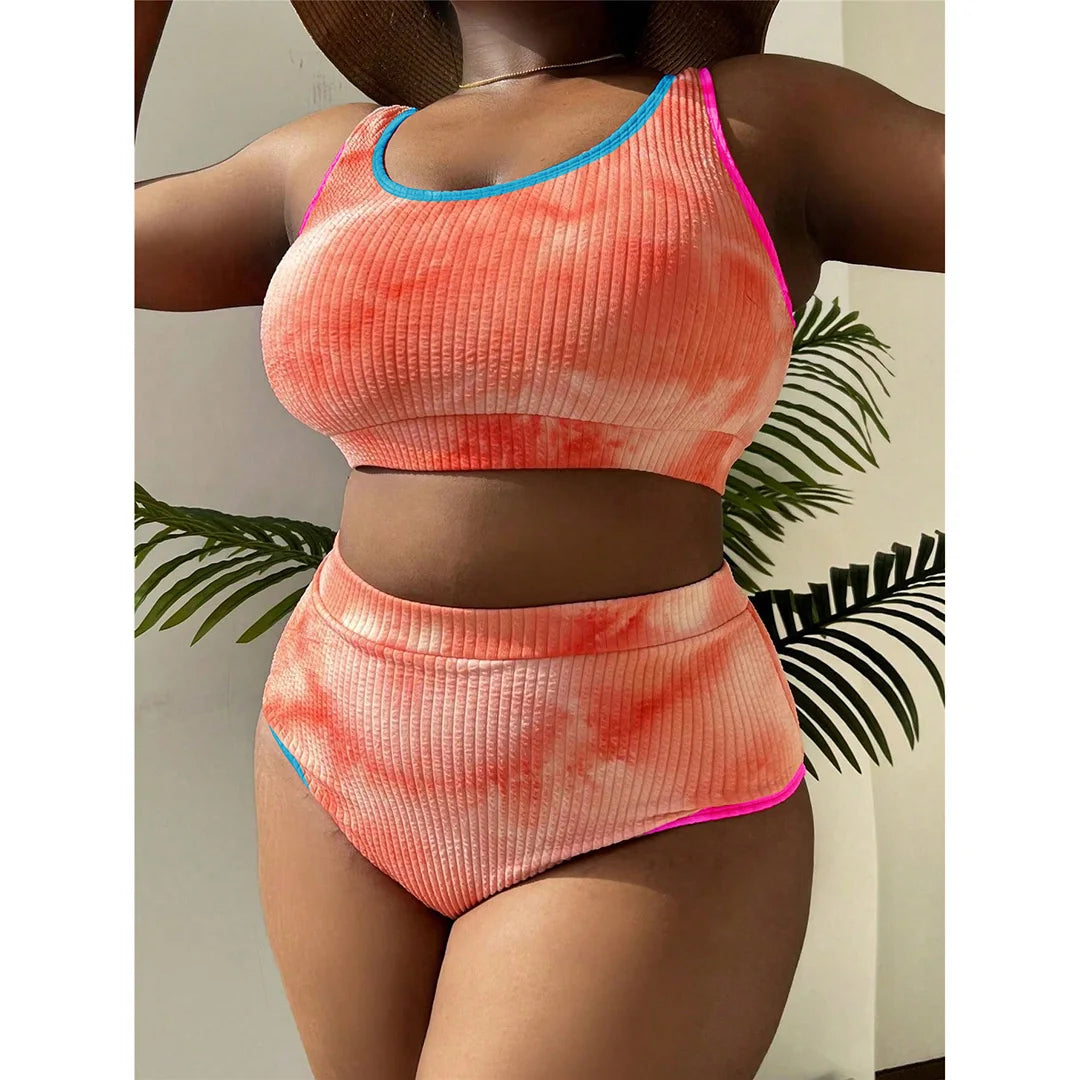 Tie Dye Bikini, Two Piece, Large Size, Women's Swimwear, Vibrant Colors, Polyester, Spandex, Wire Free, High Waist, Comfortable Fit, Fashionable Swim Set, Beach Attire, Green, Orange, Pink, Sky Blue, Black, Yellow.