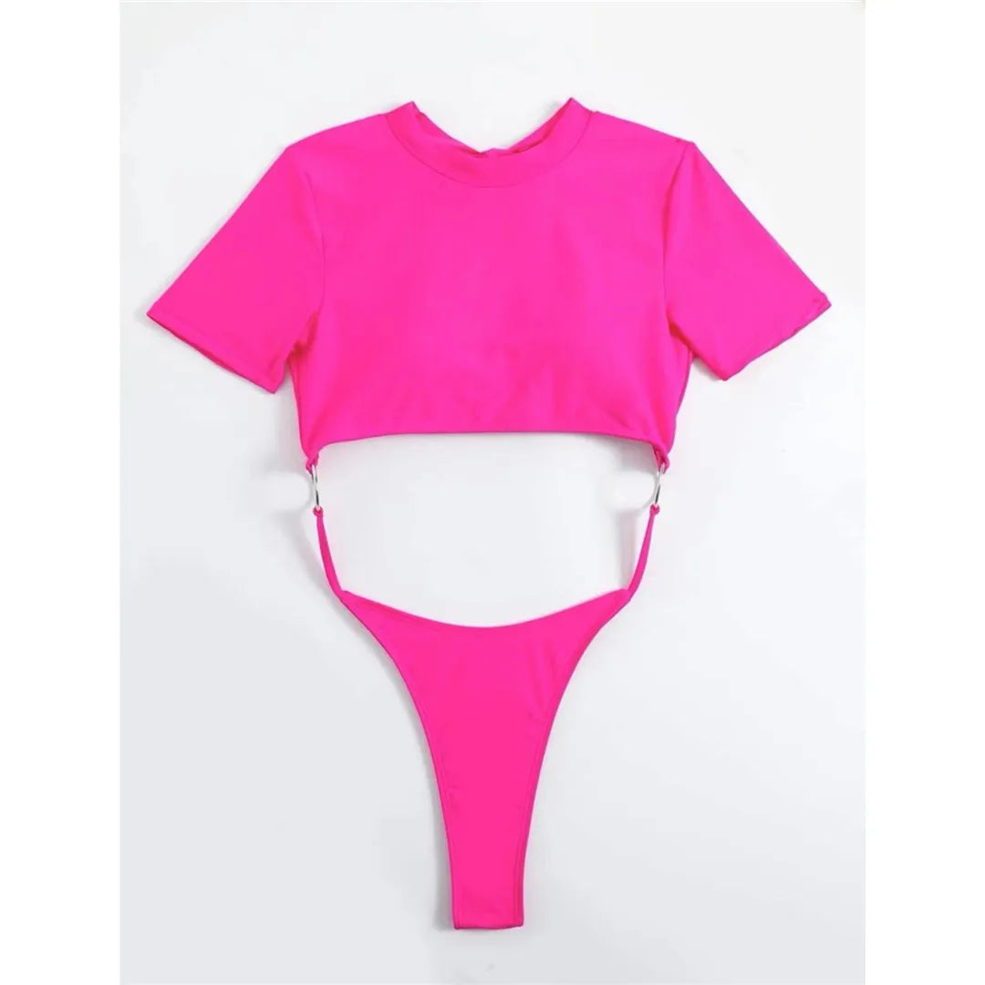 Unique Short Sleeve Mini Micro Thong One Piece Swimsuit