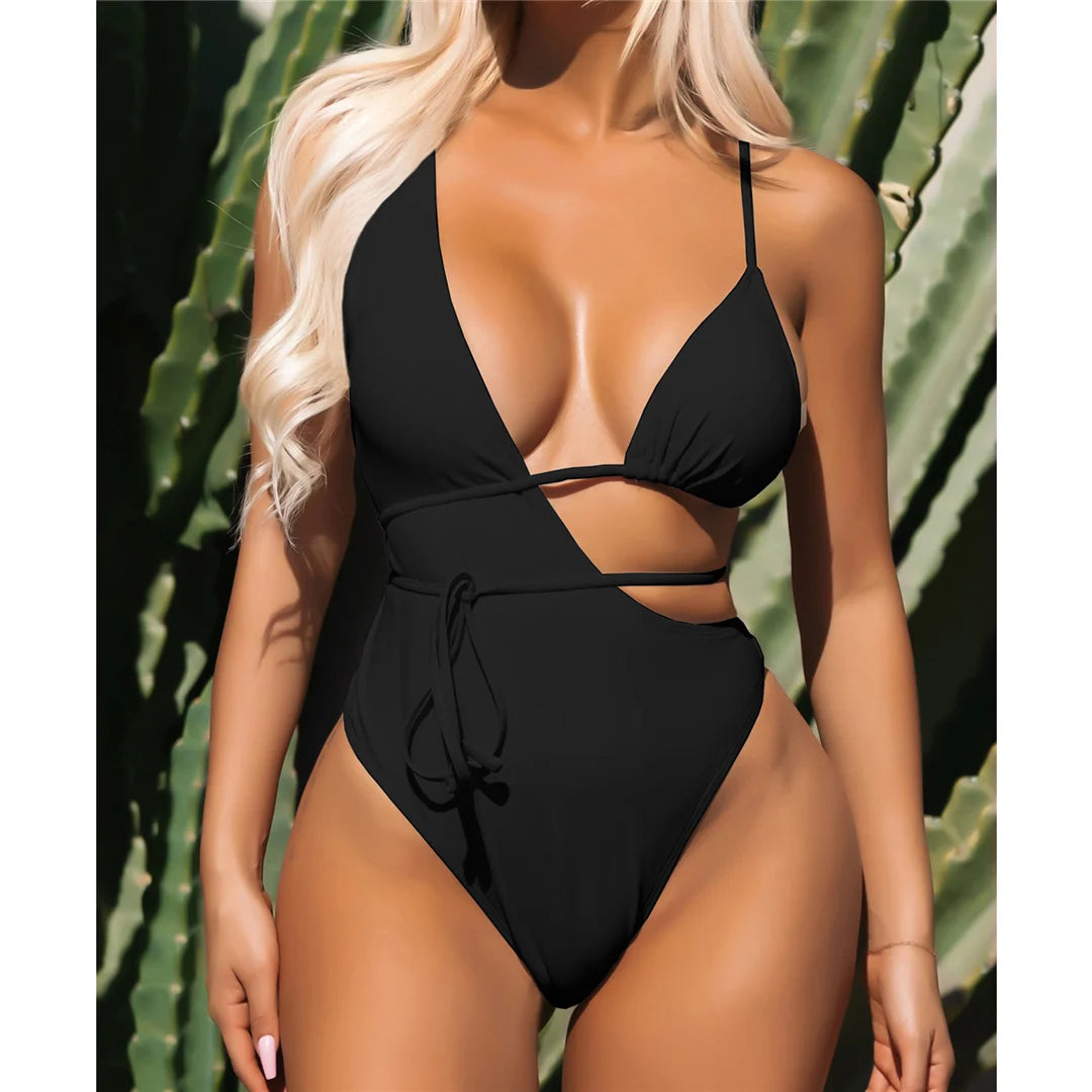 Asymmetric cut-out wrap around one-piece swimsuit, high-leg monokini design, adjustable triangle top, polyester spandex blend, monochrome solid pattern, women's elegant swimwear.