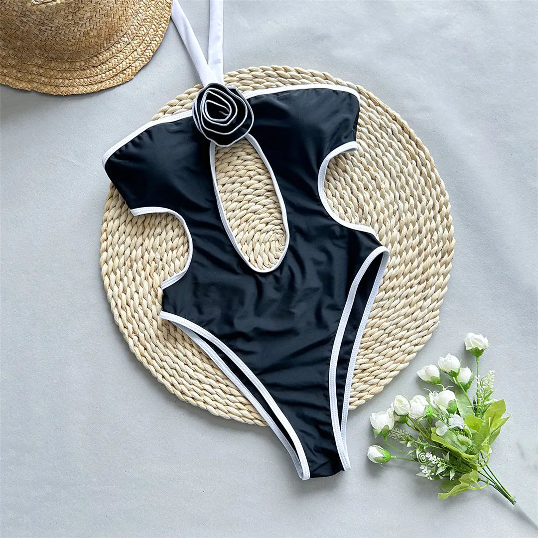 3D flower halter cut-out one-piece swimsuit, high-leg design with triangle top, adjustable straps, polyester spandex blend, monochrome solid pattern, women's chic swimwear.