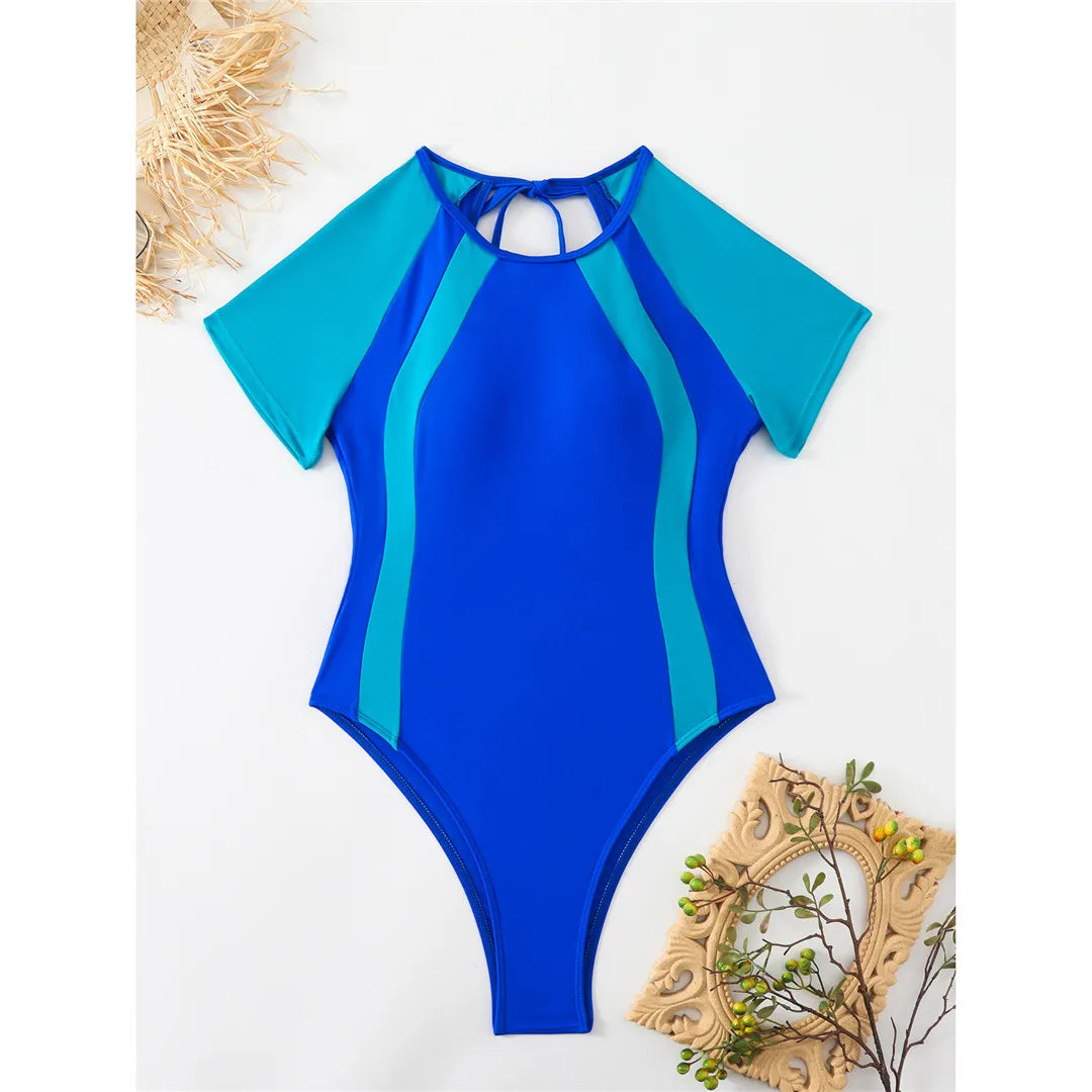 Short sleeve splicing backless one-piece swimsuit, high-leg padded design, adjustable triangle top, monochrome solid pattern, polyester spandex blend, women's chic and modern swimwear.