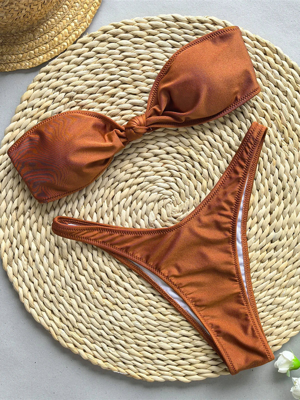 Bandeau Knotted Brazilian Bikini, Two Piece Swimsuit, High Cut Design, Polyester, Spandex, Solid Color, Wire Free, Low Waist, Women's Swimwear, Chic Stylish Look, Shiny Brown, Brown, Shiny Black, Black, Shiny White, White, Multicolor.