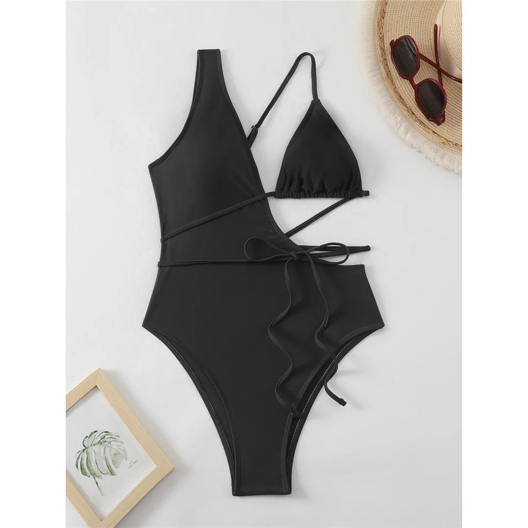 Asymmetric cut-out wrap around one-piece swimsuit, high-leg monokini design, adjustable triangle top, polyester spandex blend, monochrome solid pattern, women's elegant swimwear.