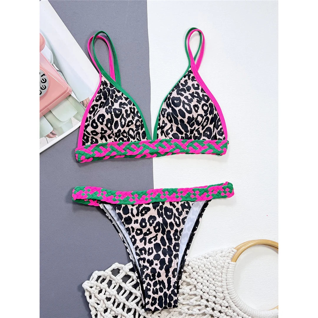 Leopard Printed Splicing High Leg Cut Bikini set with bold leopard print, Polyester Spandex material, patchwork pattern, wire-free, low waist design, accentuates figure for a striking look.