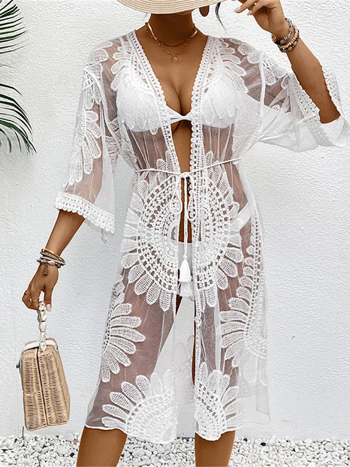 Embroidery Half Sleeve Chiffon Cardigan Tunic - Elegant chiffon beach cover-up with intricate embroidery, ideal for summer wardrobe, nylon polyester cotton blend, solid pattern for poolside or shore strolls.