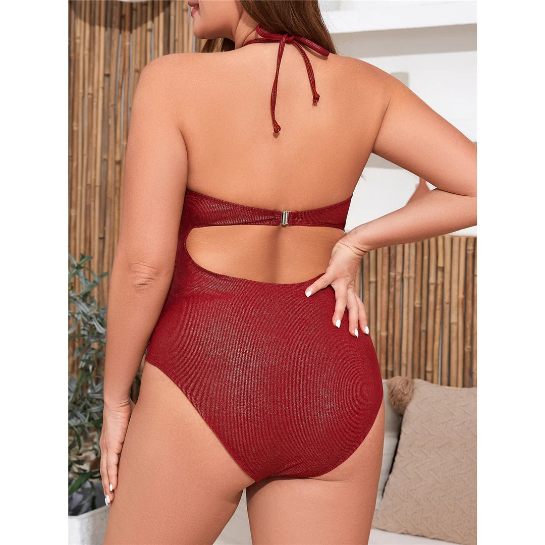 Chic halter cut out backless one piece swimsuit, plus size, triangle top, polyester, spandex, monochrome, solid pattern, women, adjustable straps, ideal for beach or pool, available in large to 4XL, bold statement swimwear.