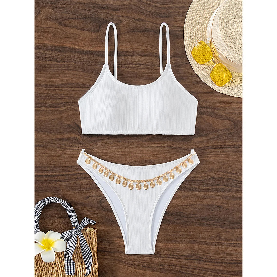 Metal Chains High Leg Cut Brazilian Bikini set with edgy metal chain accents, Polyester Spandex material, solid pattern, wire-free, mid waist design, enhances silhouette for a bold look.