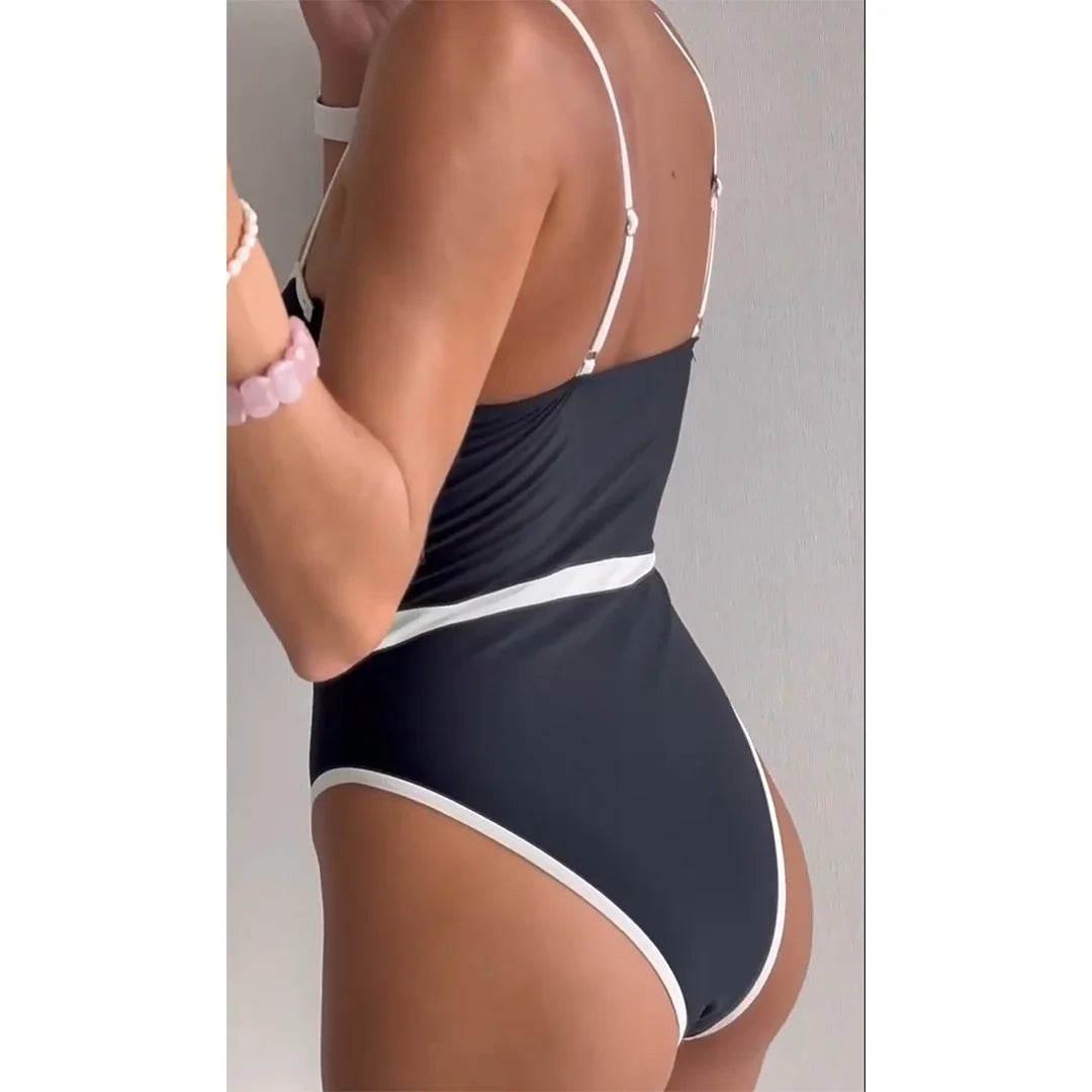 Splicing One Piece Swimsuit, Underwired, High Leg Cut, Triangle Style, Polyester, Spandex, Adjustable Straps, Monochrome, Solid Color, Women's Swimwear, Elegant Design, Comfortable Fit, Black.