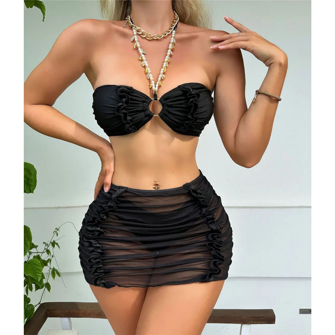 Halter 3 Piece Bikini Skirt Set - CUVATI