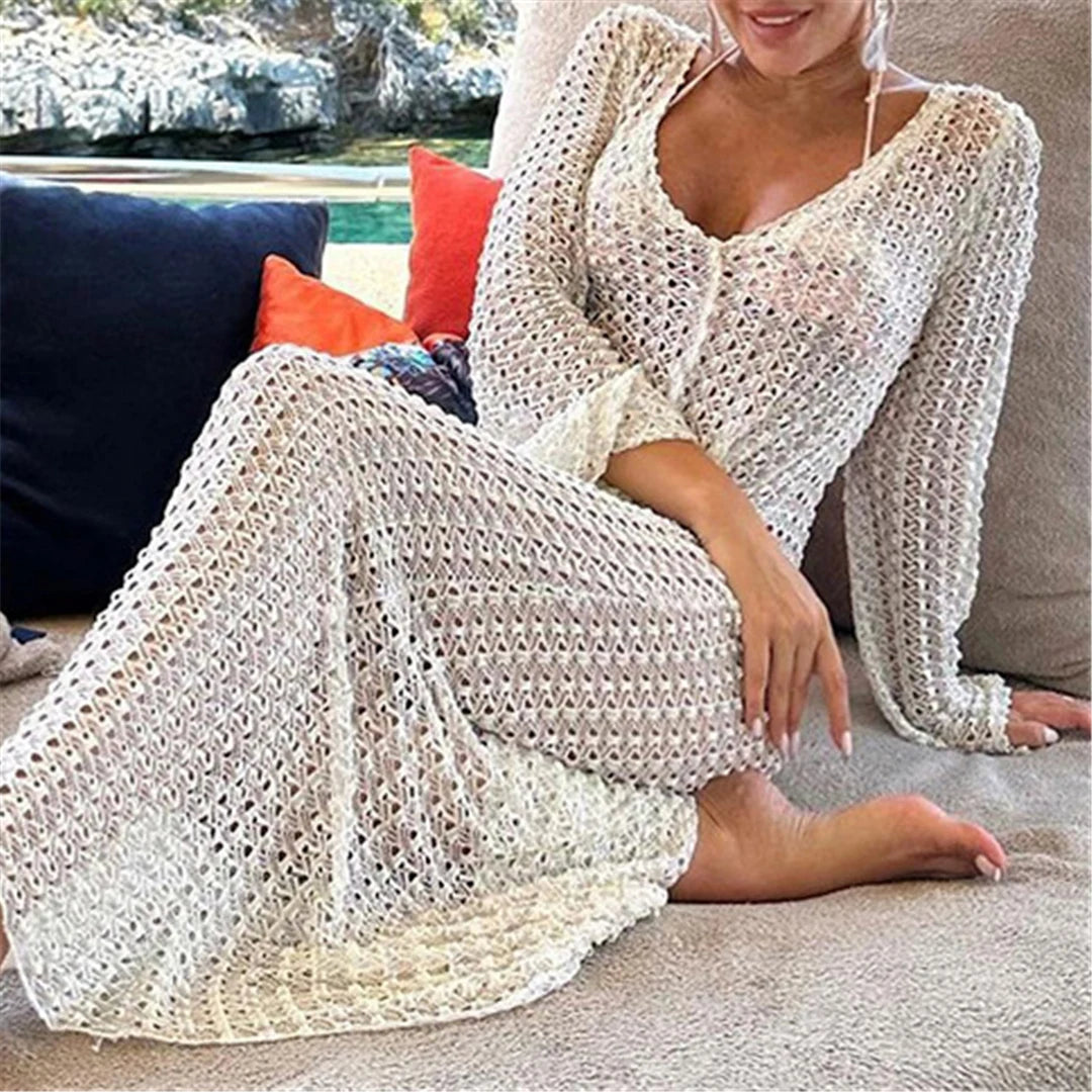 Elegant Long Sleeve Crochet Tunic Cover Up for Stylish Beachwear CUVATI