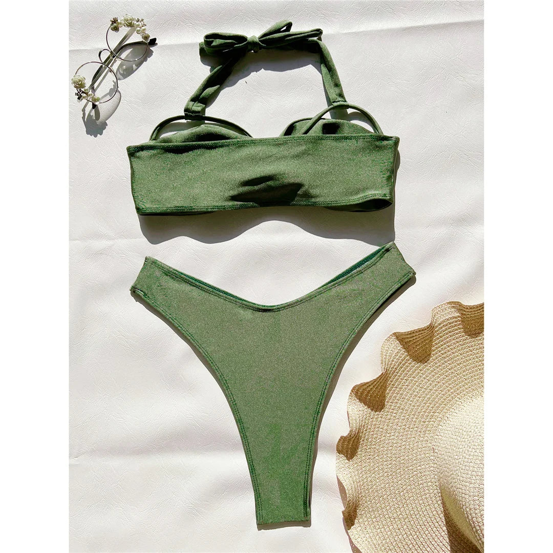 Chic S XL Wrinkled Brazilian Bikini Set Versatile Halter