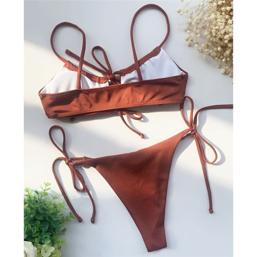Buy Lace up Ribbed Bikini Set Online, Lace up Ribbed Bikini Set for Sale