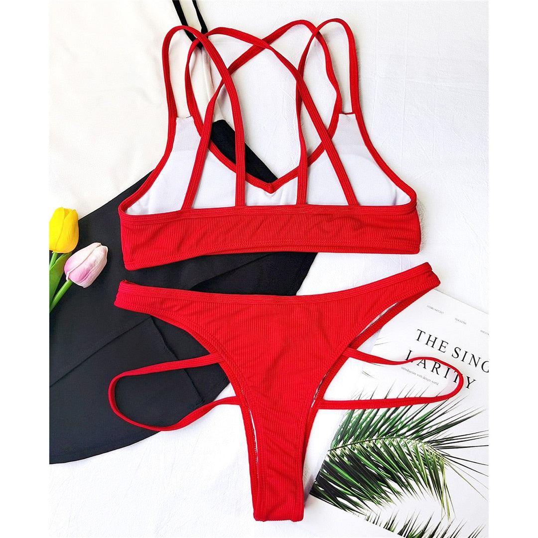 Red Micro Thong High Cut Bikini - CUVATI