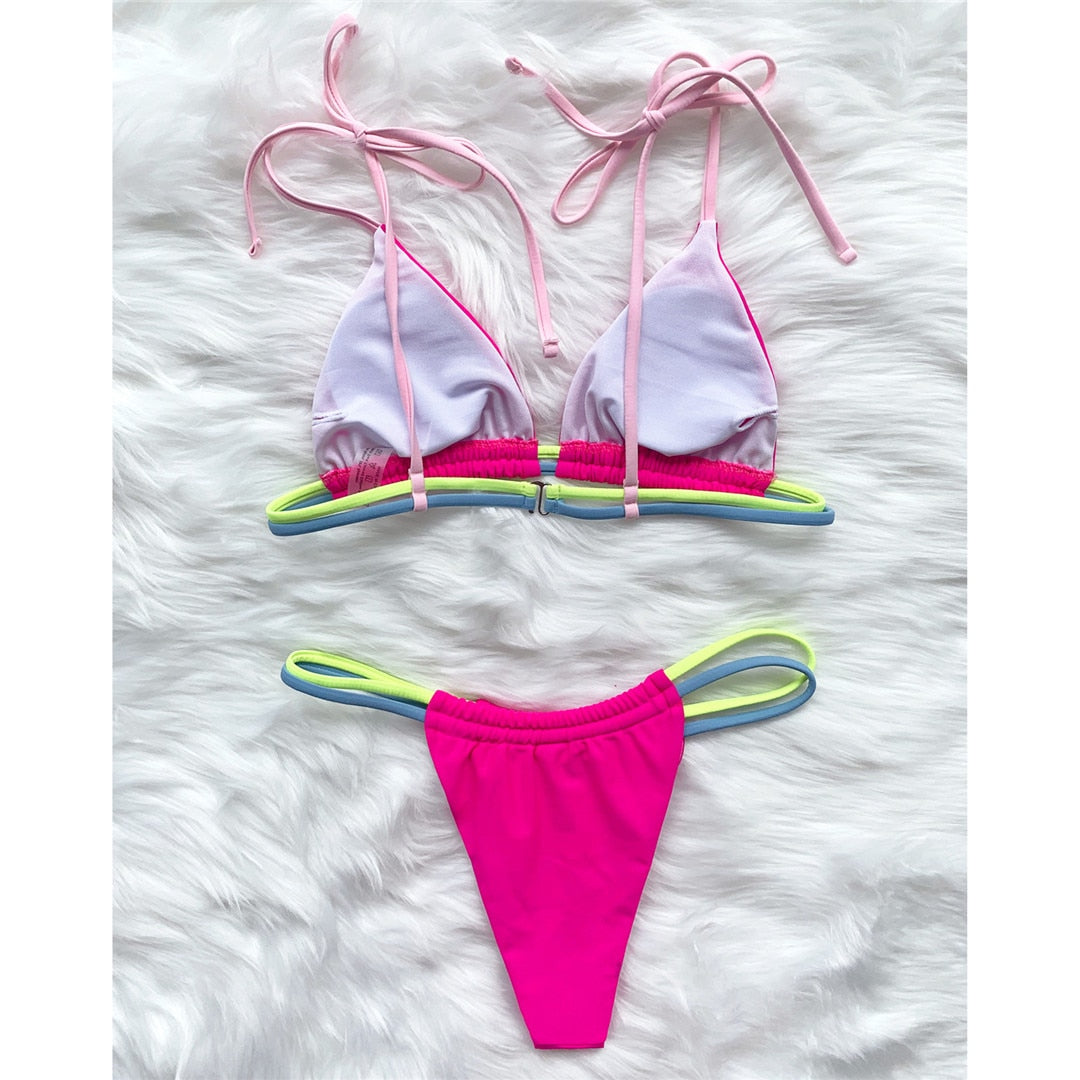 Micro Neon Pink Thong Bikini - CUVATI