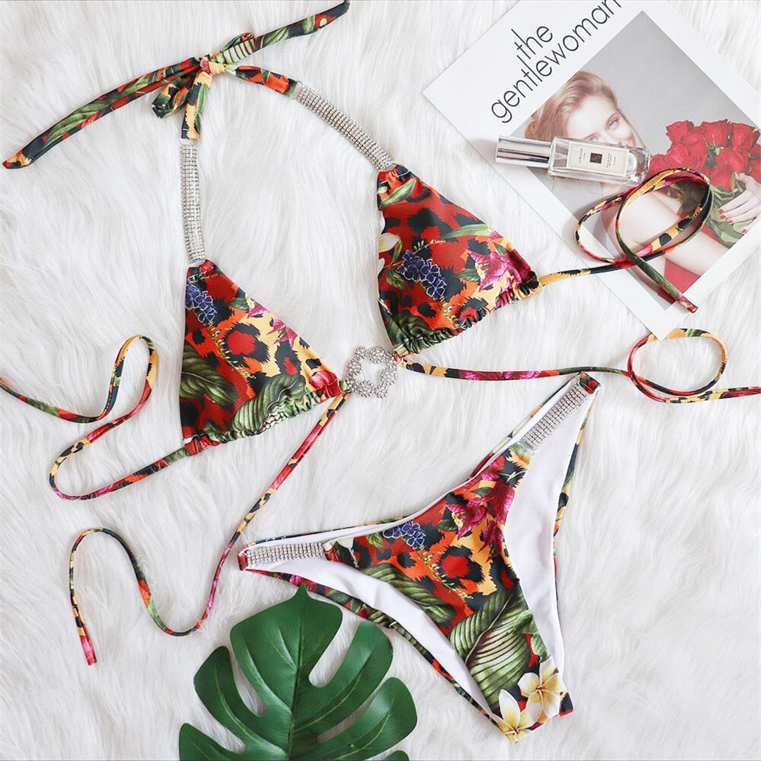 Jewelled Diamond Tie Dye Bikini Women Swimwear Female Swimsuit Two-pieces  Bikini set Halter Bather Bathing