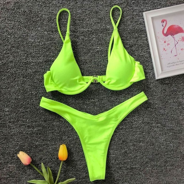 Brazilian Swimsuit String Monokini Sexy Neon High Cut Bikini Bandeau  Swimwear Ring Chain Bodysuits Swimming Suit 210520